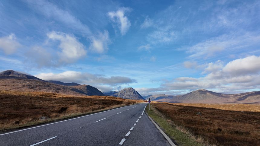 Road view in Glencoe, Scottish Highlands