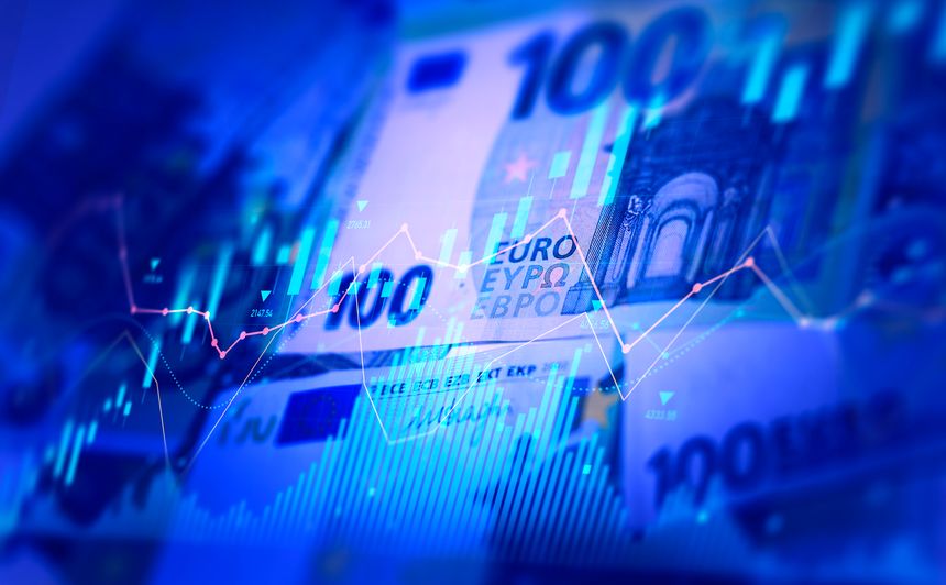 Euro banknotes with stock market chart graph for currency exchange and global trade forex concept