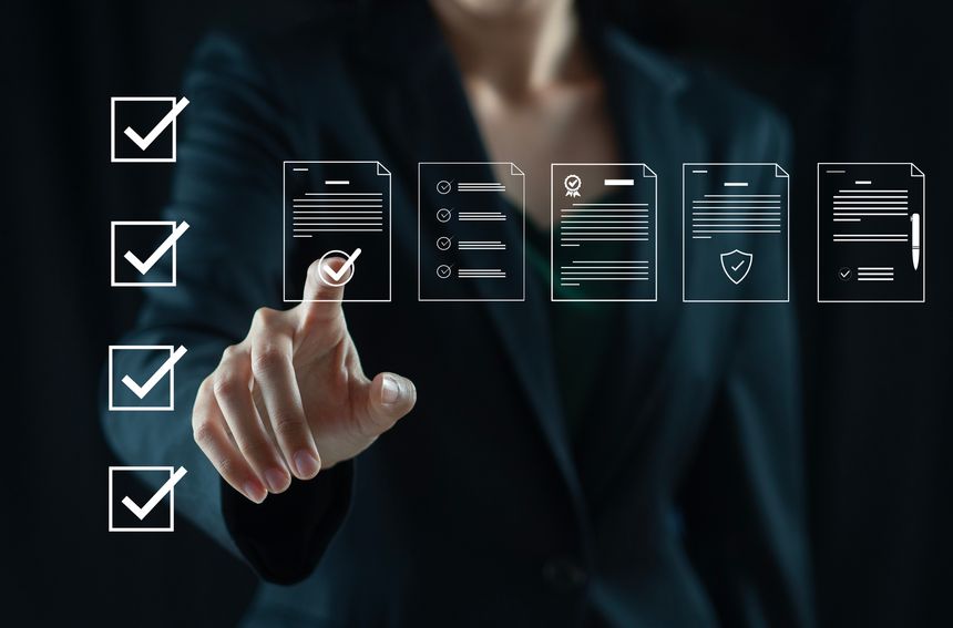 Businessman marking items in digital checklist. Quality assurance and document control with icons, representing quality assurance and document control processes, auditing and compliance.