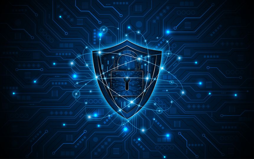 Abstract technology circuit board background. Cyber security concept with shield symbol and lock. Data protection and cyber privacy. modern security technology innovation concept background