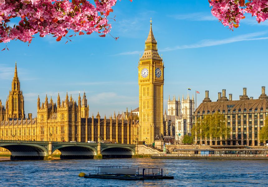 Houses of Parliament and Big Ben tower in spring, London, UK