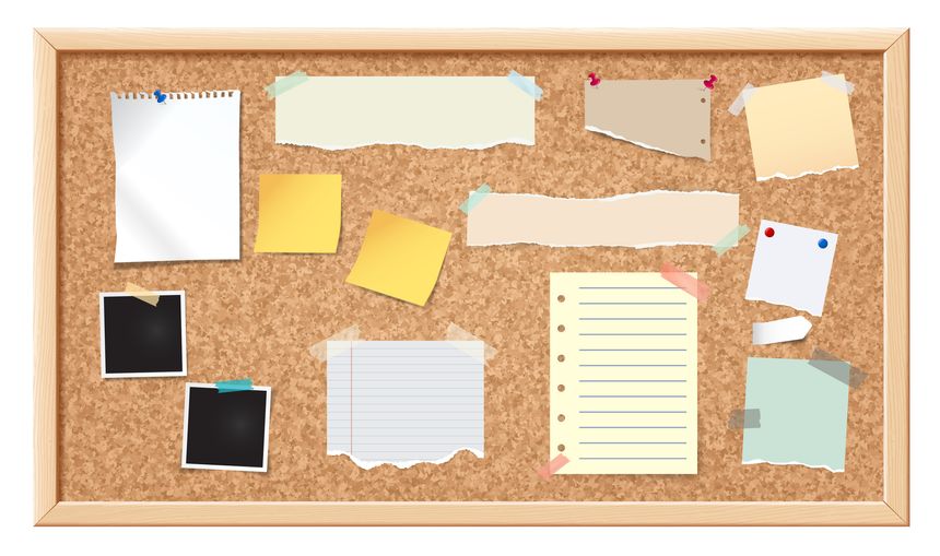 Notice board. Corkboard, noticeboard with blank ripped paper notes for message, memo pined stickers and photo frames. Information office wall border vector illustration.