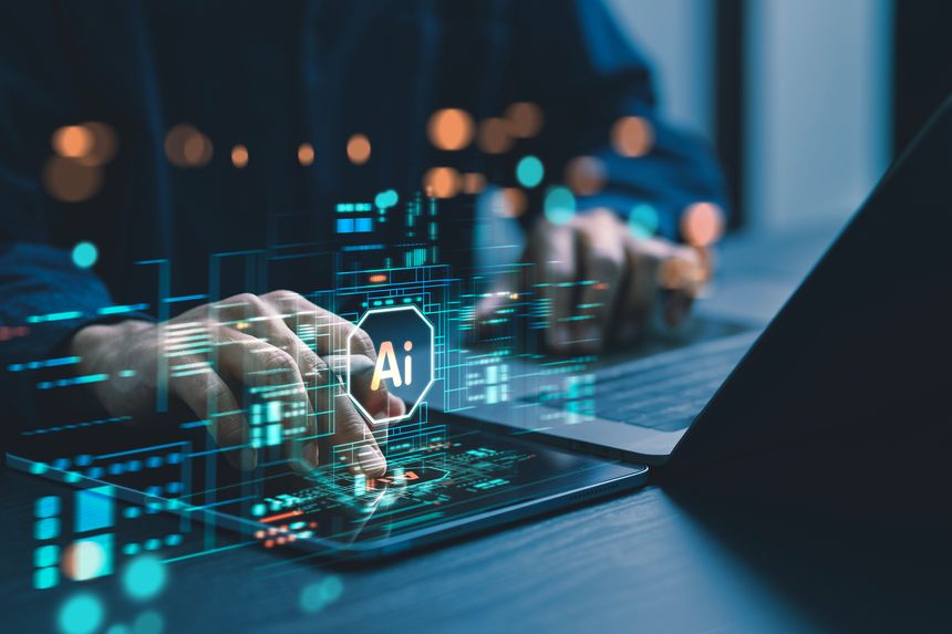 Humans are using laptops and computers to interact with AI, helping them create, code, train AI, or analyze big data with fast, cutting-edge  technology.