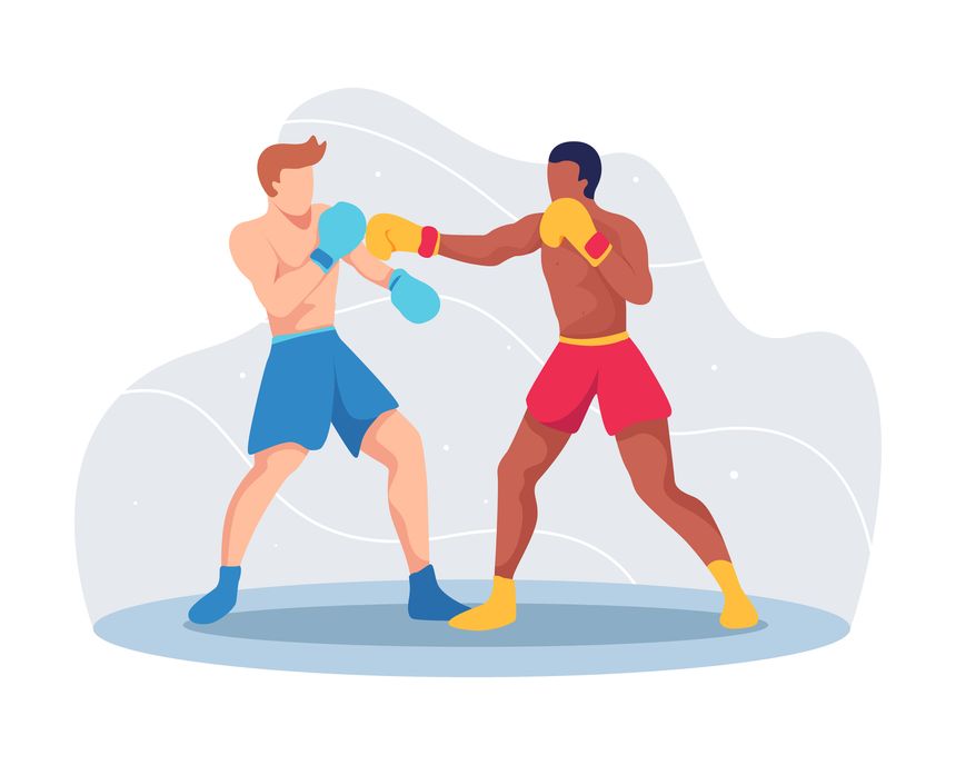 Boxers are fighting, Martial arts athletes are training. Two boxer athletes fight in the ring training, Competition championship. Vector illustration in a flat style