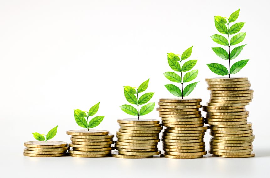 Stack Of Coins And Plants Representing Growth Over White Background