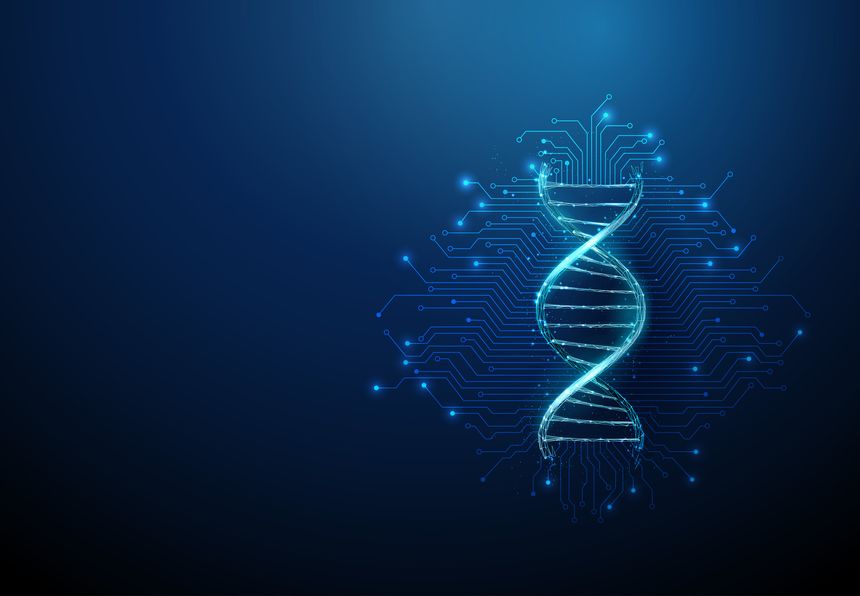 Futuristic DNA strand with electronic circuit lines background Genetic engineering, AI-powered healthcare concept Low poly style Helix with smart medical technology, bioinformatics integration Vector.