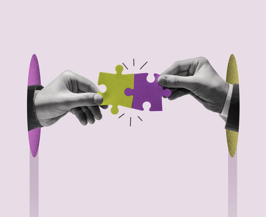 Connecting puzzle pieces. Art collage.