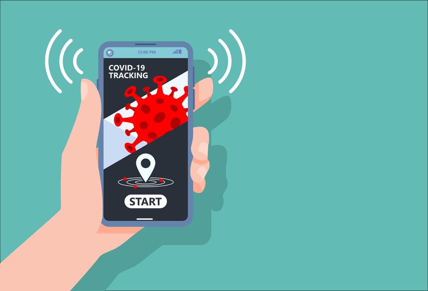 Coronavirus tracking apps concept with hand holding smartphone and application design on screen for reduce COVID-19 spreading after quarantine detecting infected people.Vector Illustration.copy space.
