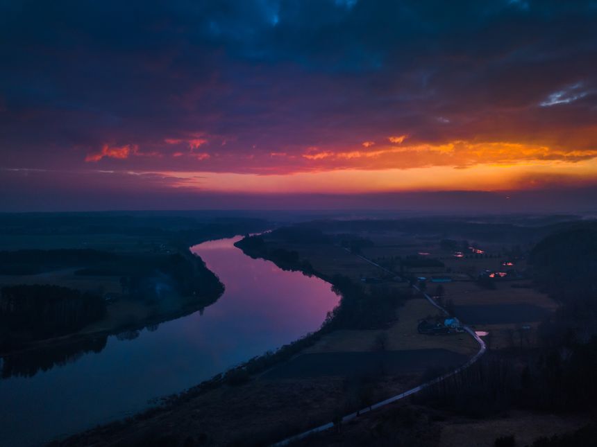 Aerial sunrise or sunset with colorful sky and river bend