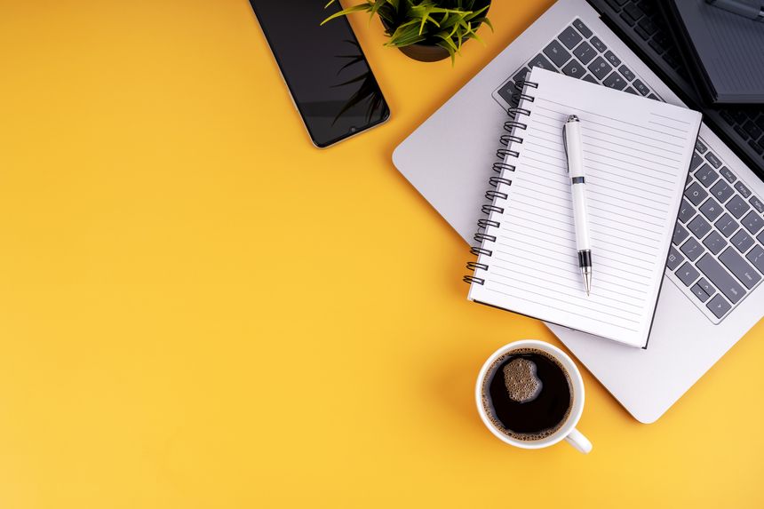 Flat lay view of a laptop, a notebook, a mobile phone, a potted plant and a pen