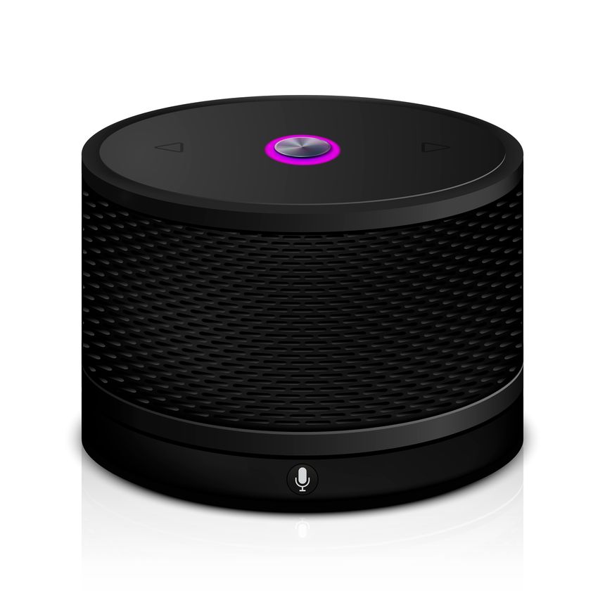 Realistic smart speaker with reflection isolated on white background, vector illustration