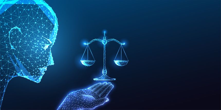 AI robotic head gazes at hand holding scales on dark blue background. Ethical decision-making, fairness, and balance in artificial intelligence concept. Low polygonal abstract vector illustration