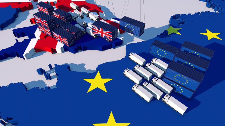 Trade between UK and EU.  Trucks and containers face each other