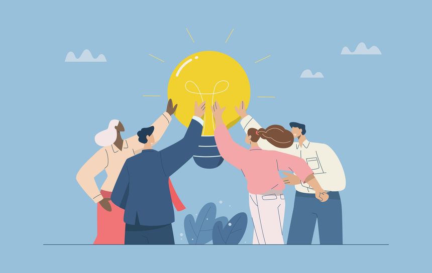 Creative brainstorming, Teamwork, Team or collaboration for business success, Sharing Ideas, Creative business team hand touching light bulb, Flat vector design illustration.