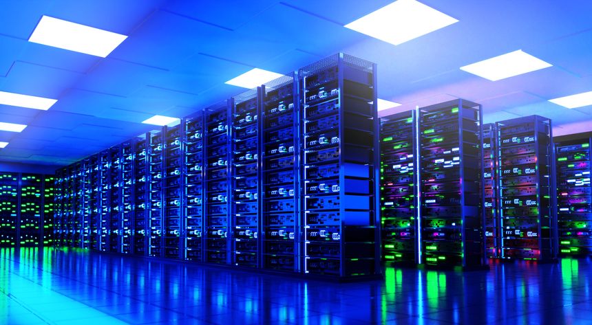 Modern server room interior with super computers and neon lightings. 3d rendering