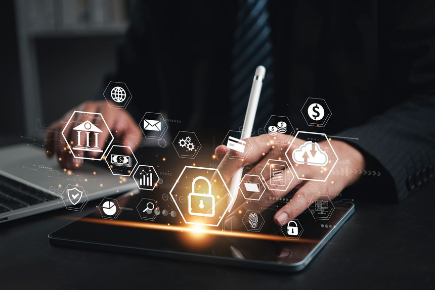 Business finance technology. Man managing online investment with secure banking platform. Fintech data analysis for stock market, digital payment security, and wealth protection concept.