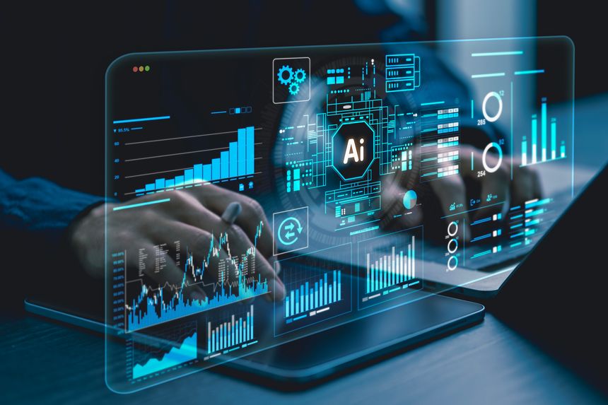 AI, data analysis. Business people use AI to analyze financial related data. big data Complex performance measurement With modern innovative technology