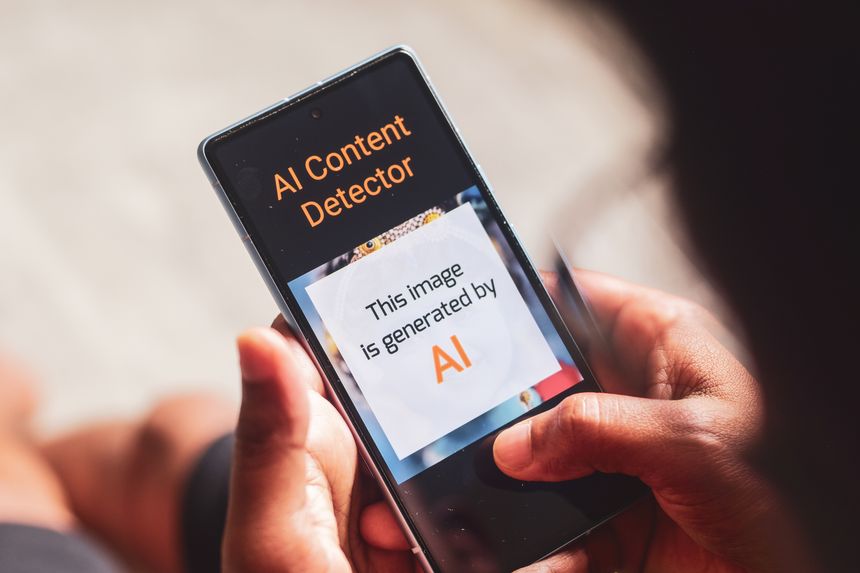 Man using AI generated image detector application to verify the image generated by human or artificial intelligence algorithms. Selective focus.