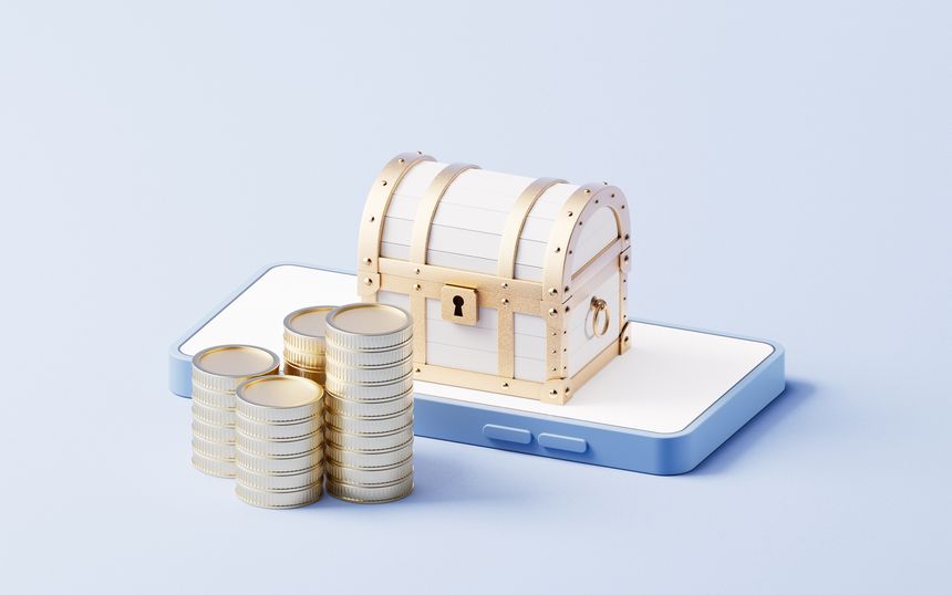 Retro treasure box on the cellphone, 3d rendering. 3D illustration.