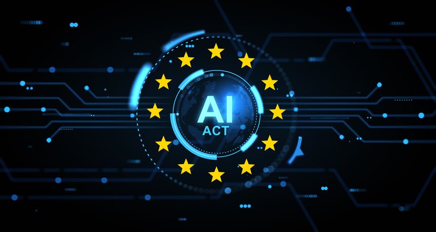 Holographic AI Act interface with digital globe and EU stars, futuristic circuit style on dark tech background. Concept of artificial intelligence regulation. 3D Rendering
