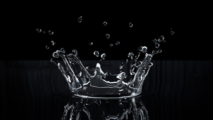 Closeup Water Droplet splashing on black background. 3D Render.