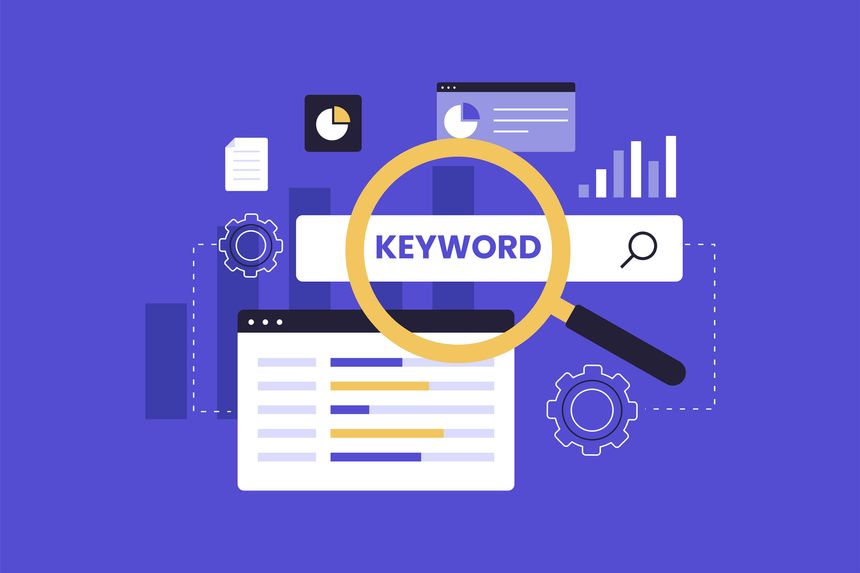 Keyword Research and Search Engine Optimization. A Magnifying Glass Focusing on the Keyword Search Bar, Highlighting the Importance of SEO and Content Strategy. Vector Flat Illustration