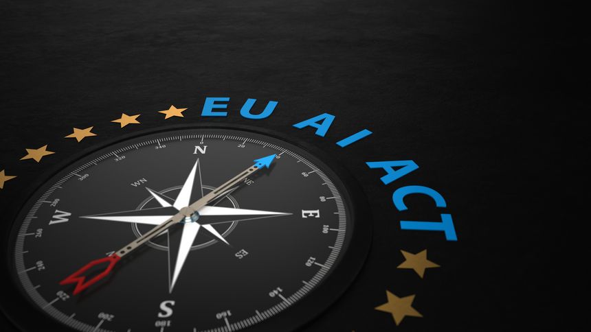 Compass with the text AI ACT. 3d illustration.