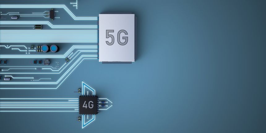 Abstract illustration of 5g and 4g processors competing with each other. Ahead is a processor with 5g technology.