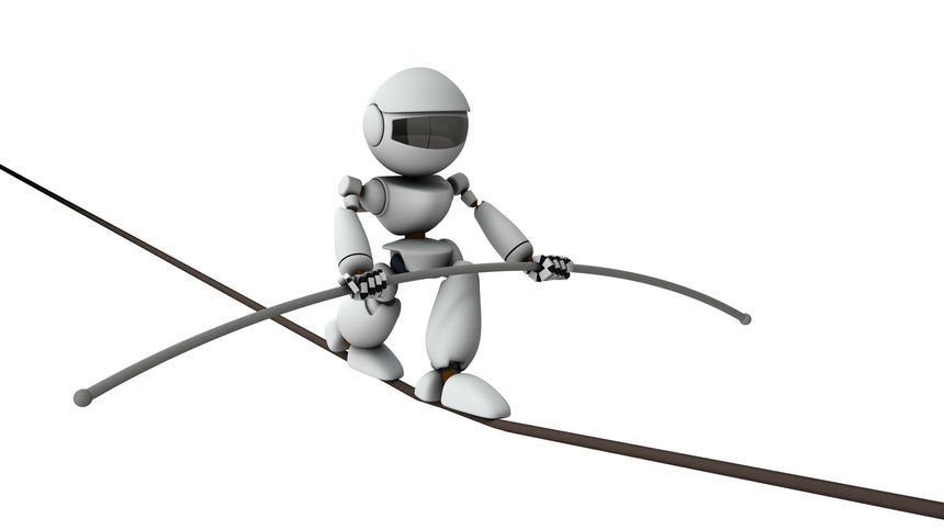 A robot walking on a tightrope. A dangerous and high-risk adventure. His life-threatening challenge. He has a big balancer. A white humanoid robot with a round head. Whole body. 3D rendering. Isolated white background.