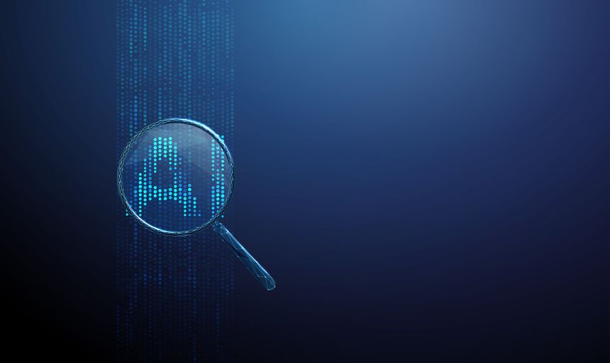 Vertical streams of digital dots and AI under a magnifying glass. Data analysis, algorithm monitoring, model validation, intelligent system research concept. Blue futuristic background. Vector.