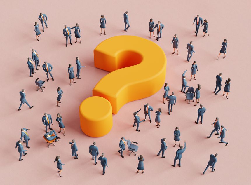 Lots of business people in suits working around big question mark, 3D rendering