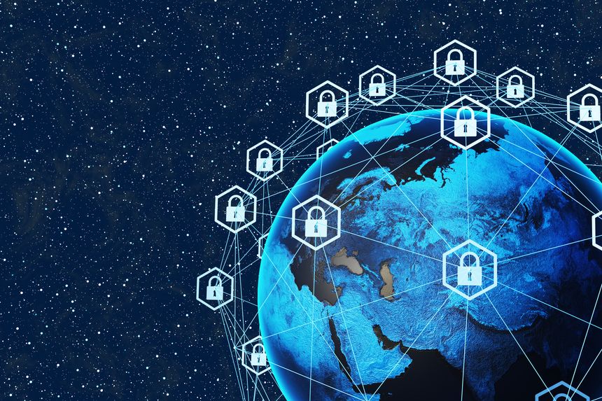 Interconnected wire mesh with padlock icons at its nodes surrounding the planet Earth in outer space. Illustration of the concept of cybersecurity, secured data transmission protocols and VPN
