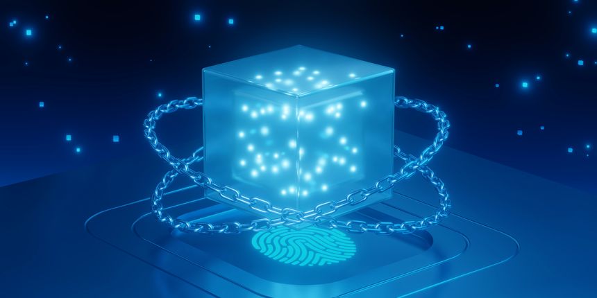 Glowing data cube wrapped in a metal chain above a digital fingerprint, representing blockchain security, encrypted storage, biometric access, privacy protection, network trust, and cyber defense.