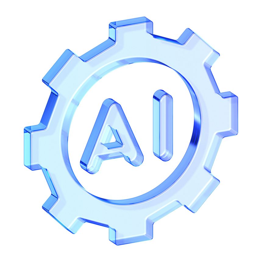 Blue glassmorphism AI gear icon for intelligent automation and technical settings, Translucent mechanical cog symbol with glossy blue gradient for smart optimization UI