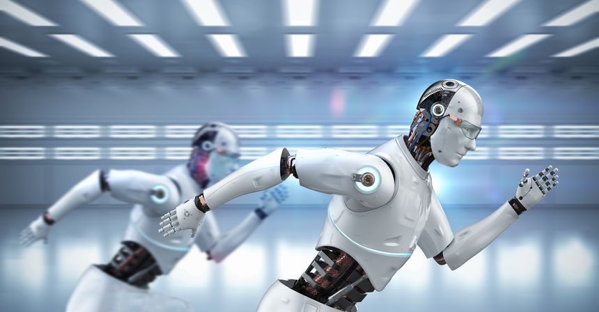 Fast speed technology concept with 3d rendering robot running