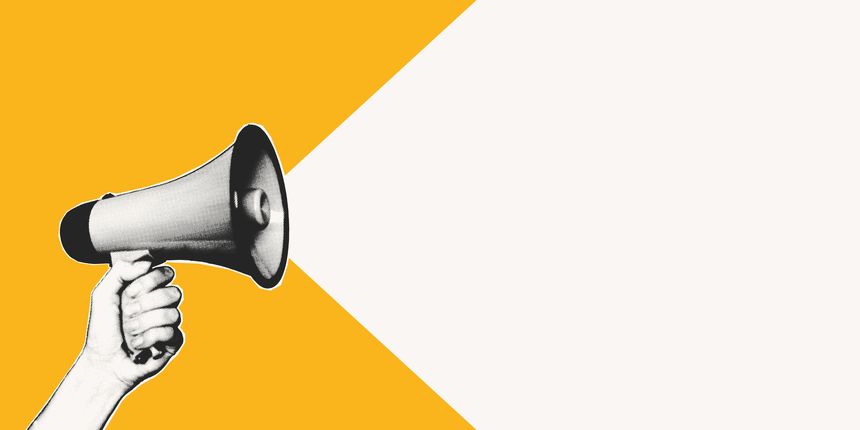 Halftone Hand Holding Megaphone with copy space background. Collage yellow banner with paper cutout loudspeaker sticker for advertising, marketing, promotions, announcing events. Modern mixed media