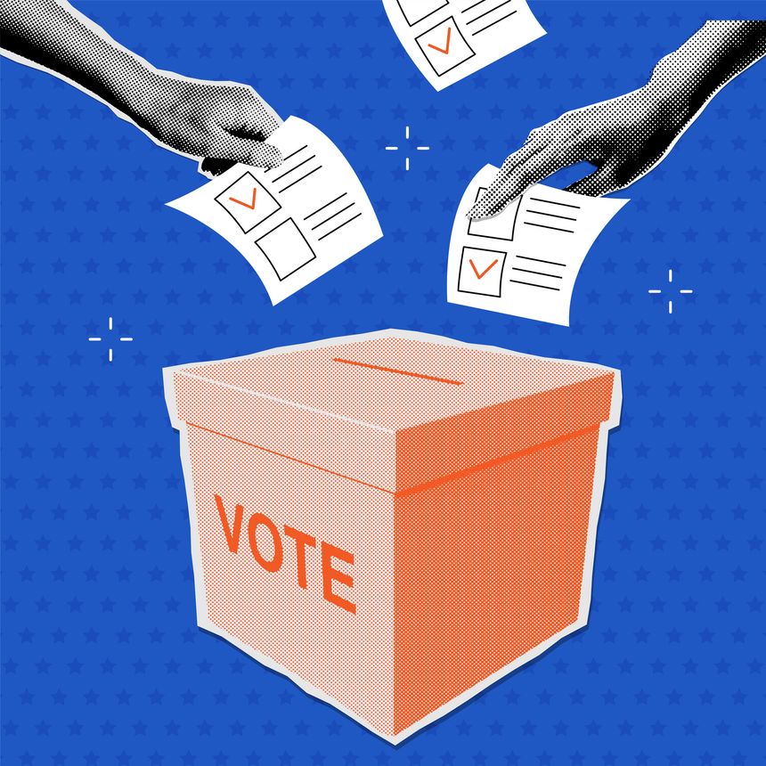 Vote ballot box halftone collage. Group of people putting paper vote into the box. 2024 Election concept. Democracy, Freedom of speech, justice voting, opinion. Referendum event. Vector illustration.