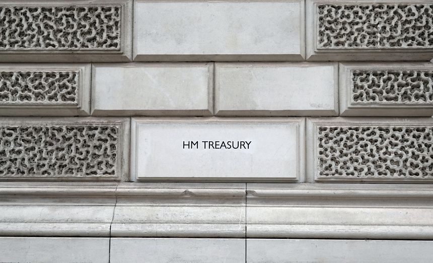 London, UK - March 15, 2023: HM Treasury external sign in Westminster, London, UK.