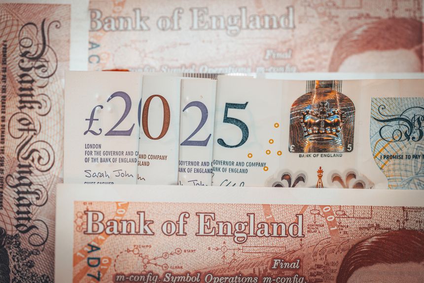 2025 in British pounds. UK banknotes arranged in date 2025, Concept, financial and economic analysis of Great Britain. British money. closeup