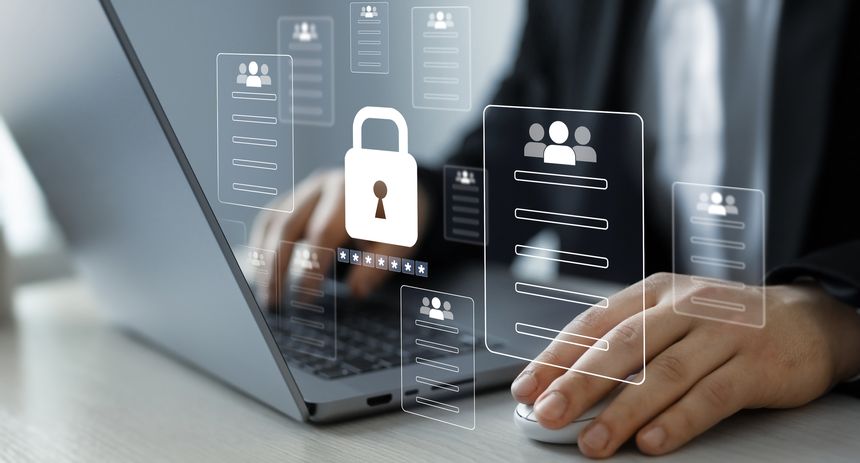 Protecting herself from cyber attacks. Documents confidentiality,cyber security protection concept. Software for security, searching and managing corporate document and employee information