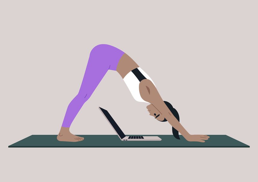 Work life balance, Practicing the inverted V yoga pose on a mat, this scene blends fitness and office responsibilities as a person connects with their laptop