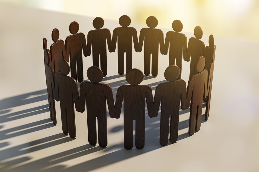 Wooden figures of people joined in a circle, realistic wood texture style, light background, symbolizing support, unity, and community. 3D Rendering