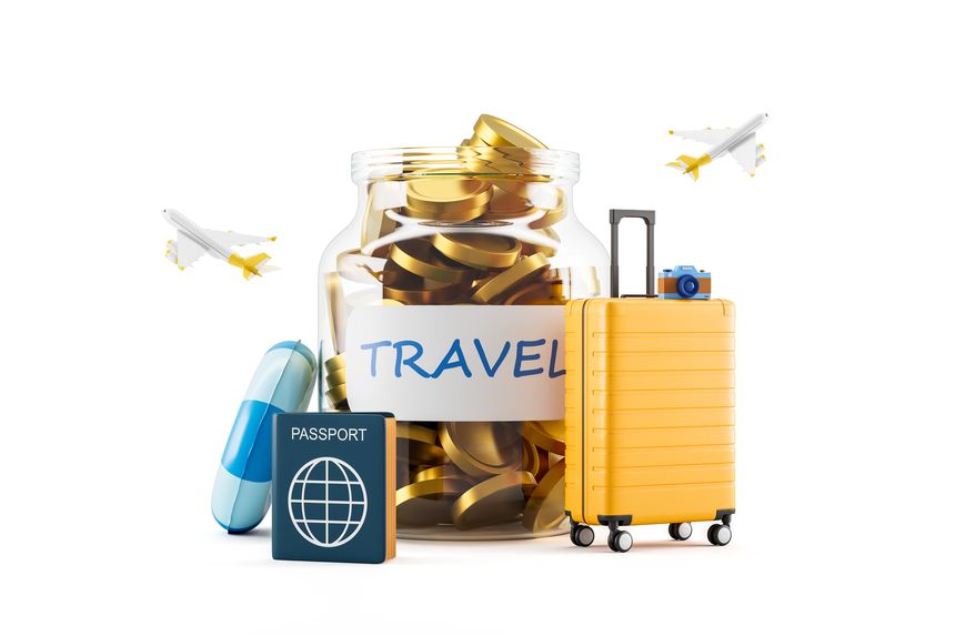 Coins in travel jar with suitcase, passport and planes in 3D Rendering on white background, concept of vacation savings and creative planning