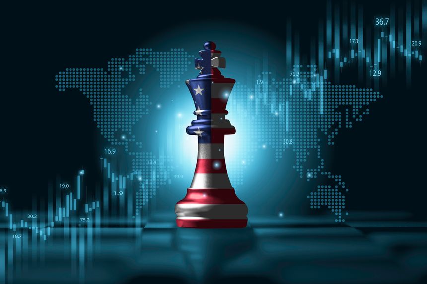 USA flag print screen on king chess with stock market graph chart for United States of America trading and investment concept.