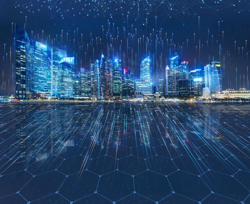 Smart city dot point connect with gradient grid line, connection technology concept. Night city banner with big data.