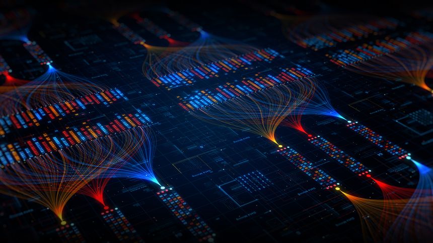 Abstract digital data stream visualization showing network connections, data flow, and a futuristic information processing system. Ideal for tech, AI, and IT concept designs. 3d Rendering
