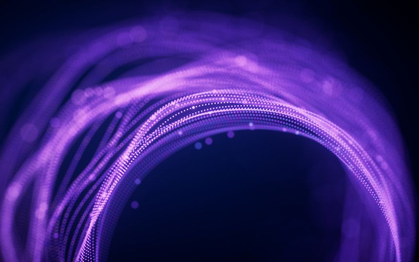 Flowing curve lines and particles with ring shape, 3d rendering. 3D illustration.