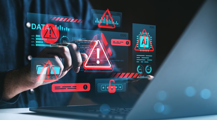 Man interacting with digital red warning icons and data graphics, futuristic style, dark background, concept of cybersecurity threats and data breaches