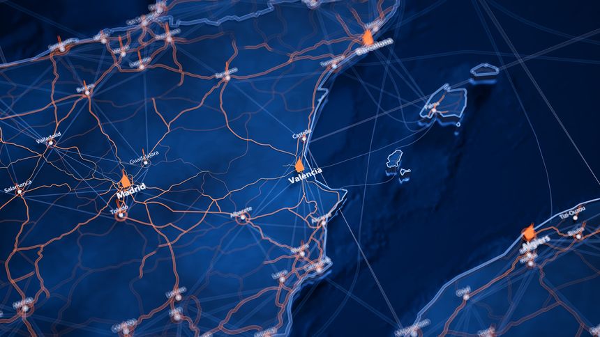 Valencia map big data visualization. Futuristic map infographic of city in Spain. Visual map data complexity in modern blue and orange colors.