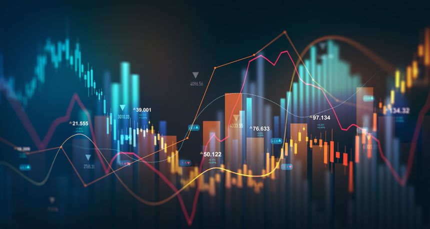 Business financial chart with moving up arrow graph.Financial data charts with glowing stock market graphs.Stock market investment data and analysis finance graph